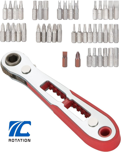 ROTATION 44pc Bit Set with 1/4 Mini Ratchet Offset Screwdriver, Portable Case, CR-V Steel, Drive Handle & Multi Hex/Phillips/Slotted/Torx/Star Bit...