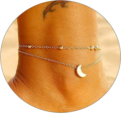Dainty Gold/Silver Anklet for Women 14K Gold Plated Layered Satellite Beads Heart Anklets Layering Rhinestone Cubic Zirconia Ankle Bracelets Minim...