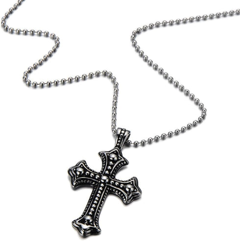 COOLSTEELANDBEYOND Gothic Vintage Cross Pendant Necklace Stainless Steel Unisex Silver Black Two-tone 23.6 in Ball Chain...