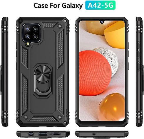 Androgate Cellular Phone Case for Samsung Galaxy A42 5G, Heavy Duty Protection with Metal Ring Holder Kickstand, Black...