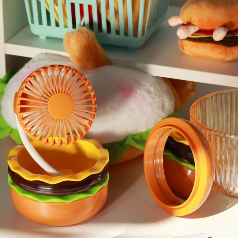 Portable Mini Desk Fan with Mirror, 3 Speeds Airflow, 360° Rotation, USB Rechargeable, Burger Shape Summer Gift Table Fan Handheld (Brown)...