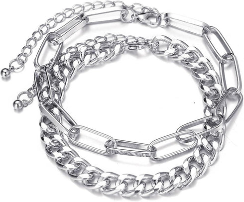 Silver Cuban Chain Anklet Bracelet Layered Paperclip Chain Foot Chain Punk Anklet Minimalist Beach Anklet 2 Pcs Set Foot Jewelry Gift for Women...