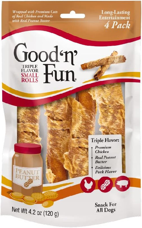 Good ’n’ Fun Triple Flavor Small Rolls with Peanut Butter, Chews with Rawhide for Dogs Made with Chicken, Peanut Butter and Pork Flavor, 12 Count ...
