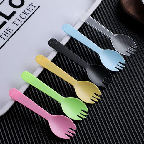 100 Pack 2 in 1 Disposable Sporks Ice Cream Scoop MINI Plastic Forks Spoons Cake Dessert Spoon Salad Serving Scoops for Home Use Picnics Birthday ...