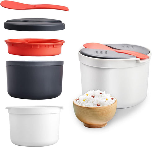 Microwave Rice Cooker, 2L Rice Cooker for Microwave 2 Layer Microwave Vegetable Steamer with Strainer Non-Stick Microwave Pasta Cooker Dishwasher ...