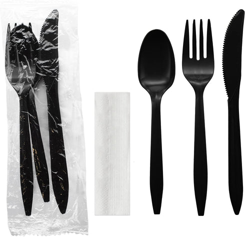Party Essentials Individually Wrapped Plastic Cutlery Packets/Silverware Kits, Black Fork/Spoon/Knife/Napkin, 50 Sets...