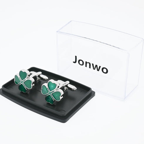 Green Four Leaf Clover Cufflinks for Men Lady In Gift Case Silver Good Luck Men's Cufflinks Jewelry Set for Wedding Party Anniversary Business Eve...