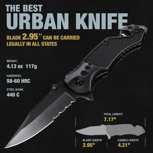 2.95” Serrated Blade Pocket Knife - Black Folding Knife with Glass Breaker and Seatbelt Cutter - Small EDC Knife with Pocket Clip for Men Women - ...