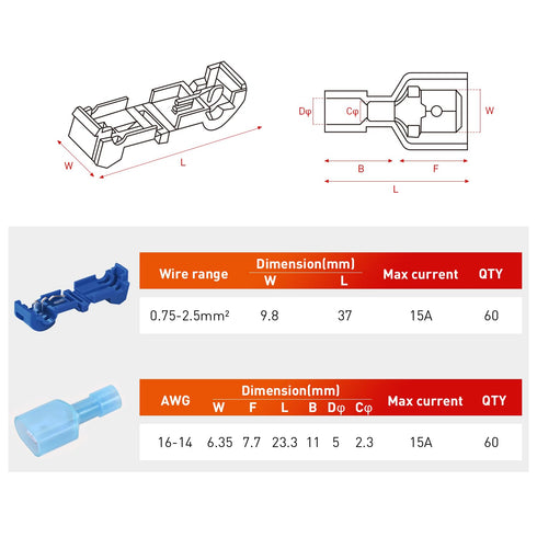 Nilight 120PCS/60 Pairs Quick Splice Disconnect Wire Terminals T-Tap Spade Wire Connectors Bule 16-14 AWG Male Female Fully Insulated Electrical W...
