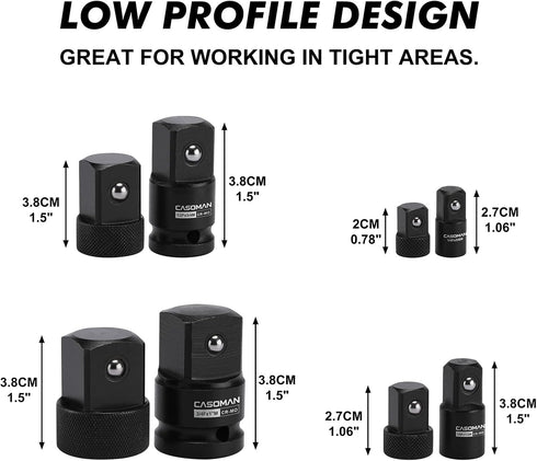 CASOMAN 4PCS Low Profile Impact Socket Adapter Set, CR-MO, 1/4"F to 3/8"M, 3/8"F to 1/2"M, 1/2"F to 3/4"M, 3/4"F to 1"M, Designed for impact use...