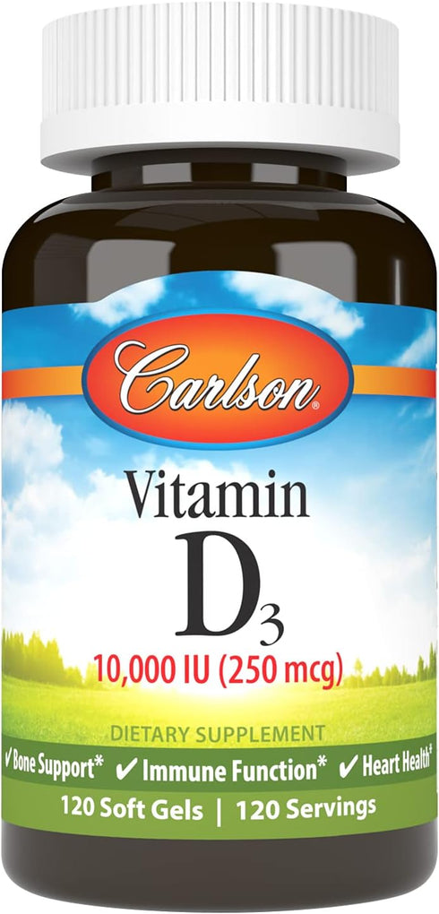 Carlson - Vitamin D3, 10000 IU (250 mcg), Vitamin D Supplements, Bone & Immune Support, Vitamin D3 Softgels, Heart Health, Gluten Free Vitamin D C...