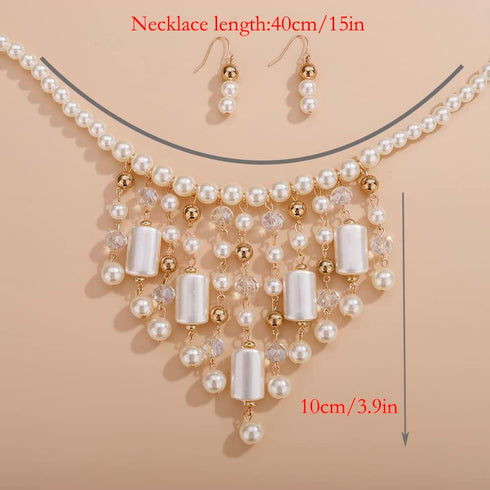 2PCS Women Statement Faux Pearl Necklaces Chunky Collar Bib Choker Necklace and Earrings Multi Strand Pearl Necklace 1920s Costume Jewelry for Wom...