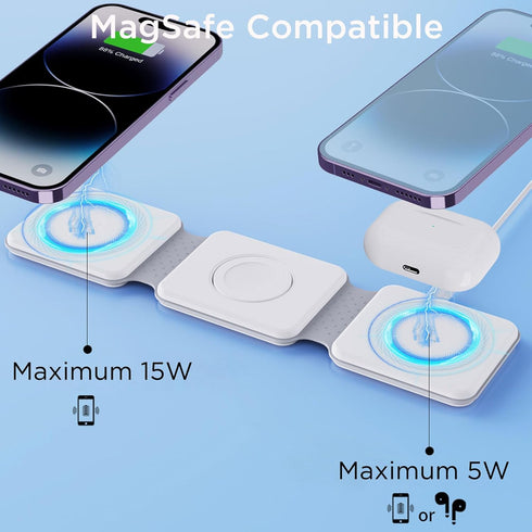 3 in 1 Charging Station for Apple Devices, Compatible with MagSafe Wireless Charger Pad for iPhone 15/14/13/12 Series, Travel Wireless Charger for...
