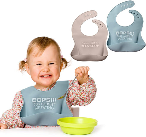 Set of 2 Waterproof Silicone Baby Bibs | Mess-Free Mealtime, Adjustable Buttons, Extra-Wide Pocket |...