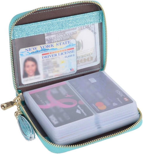 Easyoulife Womens Credit Card Holder Wallet Zip Leather Card Case RFID Blocking (Glitter Teal)...