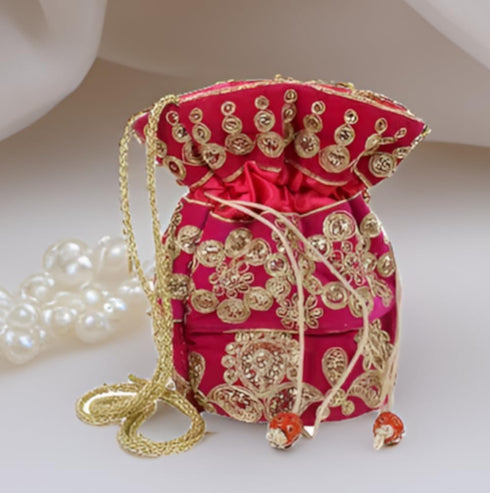 Purpledip Potli Bag (Clutch, Drawstring Purse) For Women With Intricate Gold Thread & Sequin Embroidery Work, Dark Pink(10038)...