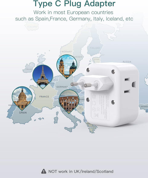 2 Pack European International Power Plug Adapter with 3 Outlets 3 USB Charging Ports(1 USB C), Travel Essentials to Italy,Greece,Israel,France, Sp...