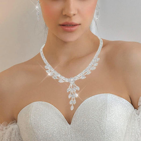 Women's Bridal Jewelry Rhinestone Necklace Set Earrings for Women Prom Silver Pendant Leaf Bridal Layered European-Style for Bride Bridesmaids Gir...