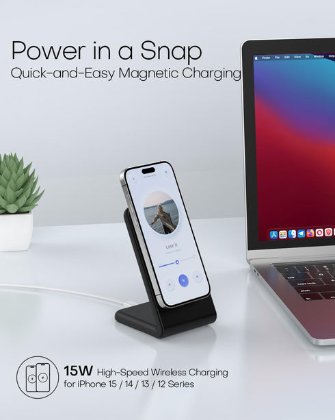for Apple Mag-Safe Charger Stand, Magnetic Wireless Charger with Fast Charging Capability for iPhone 15/14/13/12 (with 20W Adapter, 5Ft Cable) - B...