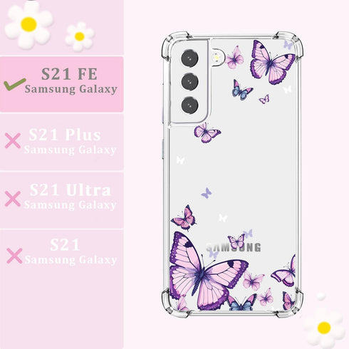 for Samsung Galaxy S21 FE Case,Alluring Purple Butterfly Pattern Anti Yellowing Slim Hard Cases,Hard PC + TPU Bumper Clear Shockproof Protective W...