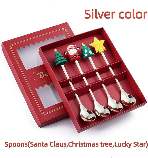Christmas Coffee Spoons Coffee Stirrers Cake spoon Premium Stainless Steel Ice Tea Spoons, Ice Cream Spoon, Cocktail Stirring Spoons Set of 4?Silv...