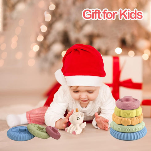 Baby Stacking Nesting Toys, Soft Squeeze Building Circle with Pink Horse, Baby Teething Toy Sensory Early Educational Toys for Newborn Toddlers...