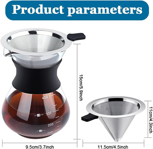 Pour Over Coffee Maker, Portable Drip Coffee Brewer with Reusable Stainless Steel Conical Filter, Glass Carafe Pot with Silicone Protective Cover ...