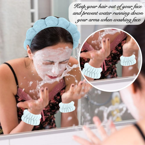 AHONEY 2 Set Spa Headbands for Washing Face and Wristband Set, Skin Care Headband Sponge Facial Skincare Headbands Terry Cloth Puffy Makeup Access...