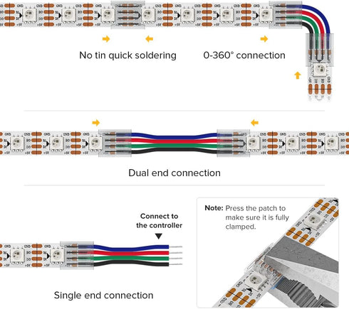BTF-LIGHTING 4 Pin 10mm 0.39in Width Transparent Connector Kit 8pcs Corner Connector 4pcs Gapless Solderless Connector 4pcs 5.9in Long 22AWG Exten...