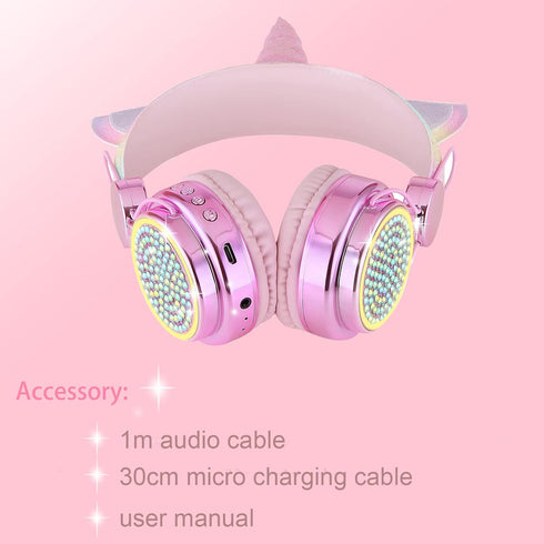 Kids Wireless Headphones for Girls Children Teens, LED Light Up Bluetooth Unicorn Headphones with Microphone for School/Xmas/Online Study/Unicorn ...