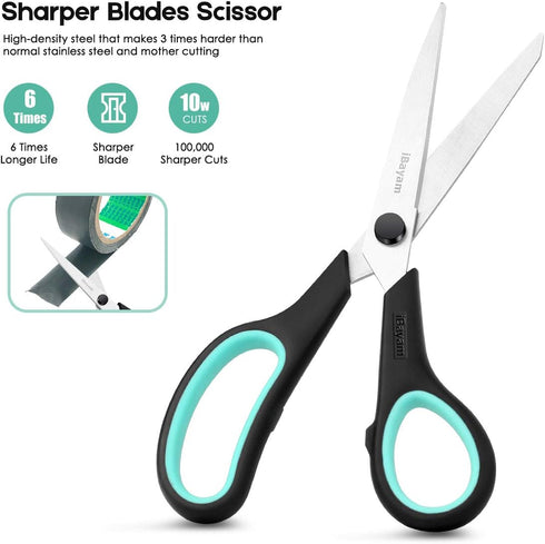 Scissors, iBayam 8" Multipurpose Scissors Bulk 3-Pack, Ultra Sharp Blade Shears, Comfort-Grip Handles, Sturdy Sharp Scissors for Office Home Schoo...