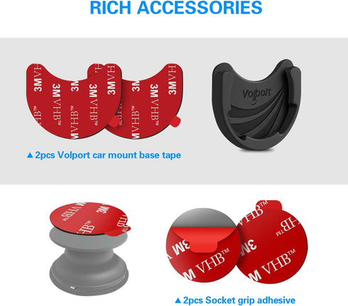 Car Mounts for Socket Grips, 3 Pack Pops Silicone Phone Holder for Collapsible Expanding Stand/Swappable Socket Users with Base 3M Adhesive Replac...