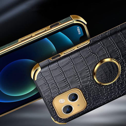 Guppy Compatible with iPhone 15 Plus Ring Holder Case Luxury Crocodile Cover Gold Edge 360 Degree Rotation Stand for Women Slim Leather Snake Liza...