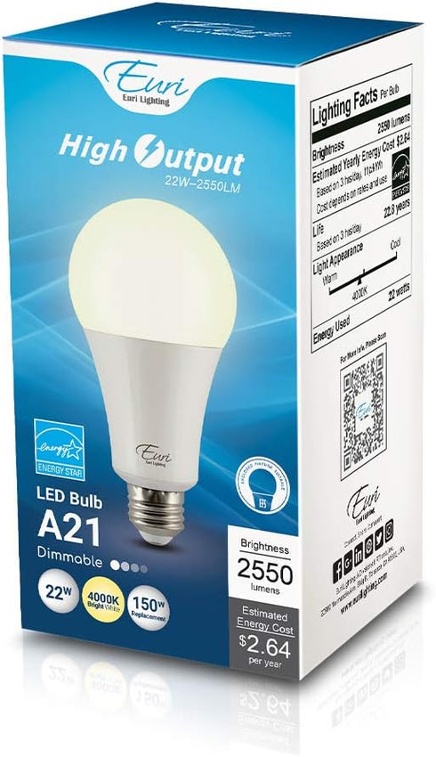 Euri Lighting EA21-22W1040eh, LED A21 22W (150W Equivalent), 2550lm, Dimmable, 4000K (Bright White) E26 Base, Fully Enclosed Rated, Damp Rated, UL...