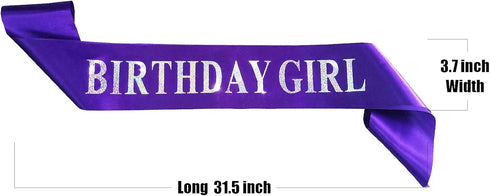 Birthday Girl Sash,Purple Satin Silver Iridescence Glitter Foil Sash,Queen Princess Party Decorations,Women's Birthday Party Supplies,16,18,21,30,...