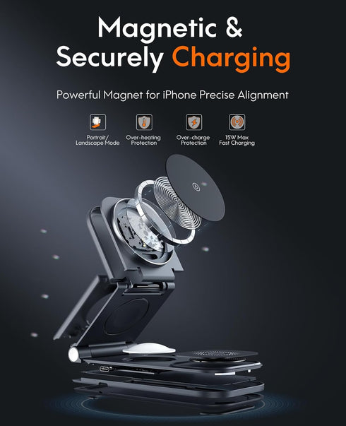 3-in-1 Wireless Charging Station for iPhone 15/14/13/Plus/Pro/Pro Max/12 & AirPods 3/2/Pro & Apple Watch & Mag-Safe Case, 18W Foldable Fast Magnet...