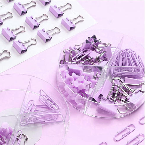 Purple Paper Clips and Binder Clips Set, 216 pcs, Metal Assorted Sized Binders with Push Pins, Cute Office Supplies for Desk, Durable Desk Accesso...