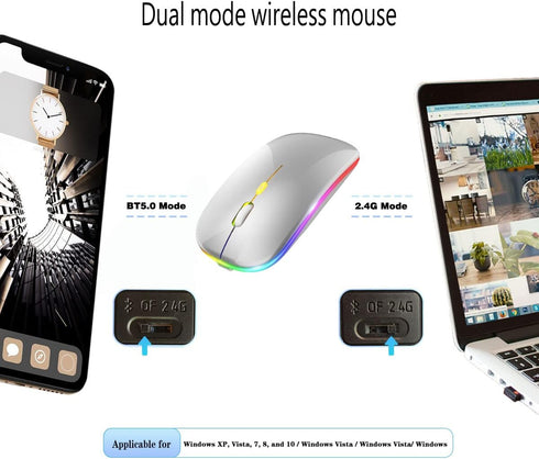 Wireless Bluetooth Mouse,LED Rechargeable Silent Slim Laptop Mouse,Portable(BT5.2+USB Receiver) Dual Mode Computer Mouse for Laptop,Desktop Comput...