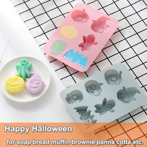 2 Pack Halloween Silicone Cake Mold Pumpkin Bat Skull Ghost Shape Silicone Mold for Chocolate Candy Gummy Jello Ice Cube Crayon Melt Biscuits, Soa...