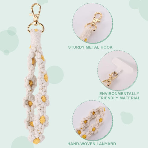 2 PCS Boho Macrame Phone Wrist Strap, Cute Cell Phone Lanyard with Tether Tab Floral Smartphone Wristlet Bracelet Keychain Anti Theft Strap for Wo...