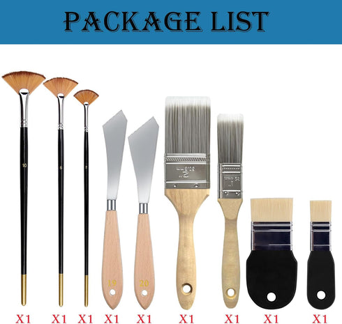 9 Pieces Painting Knife Set, 1'' 2'' Filbert Paddle Paint Brush, Background Blender Brush, Fan Paint Brush, Stainless Steel Palette Knife Landscap...