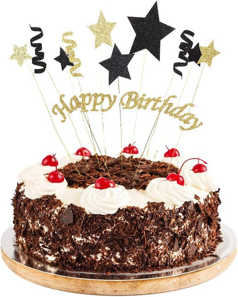 Handmade Black and Glod Glitter Pentacle Pentacle Cake Toppers Happy Birthday Cake Bunting Topper Paper, Birthday Party Decoration...
