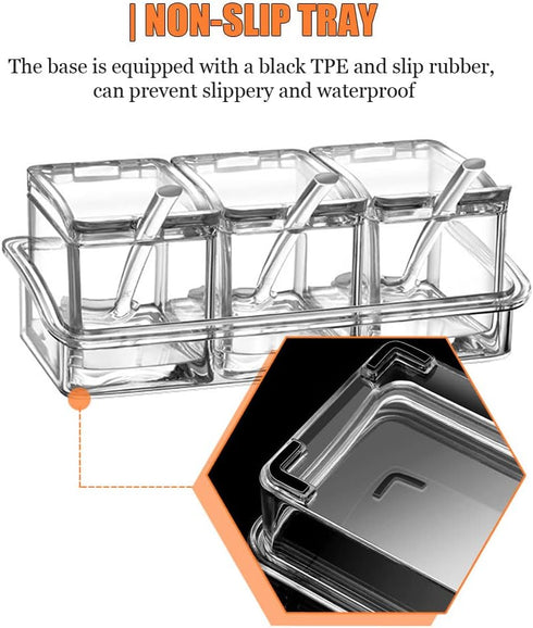 V·RESOURCING Clear Seasoning Box, 3 Pieces Seasoning Rack Spice Pots Storage Container for Spice Salt Sugar Cruet Liquid,Condiment Jars with 3 Spo...