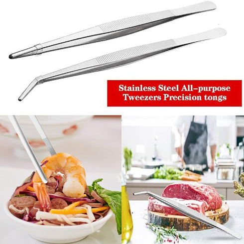 Kitchen Tweezers Stainless Steel 8 Inch Long Tweezers Tongs, Heavy Duty large food tweezers with Precision Serrated Tips for Cooking(8" Straight)...
