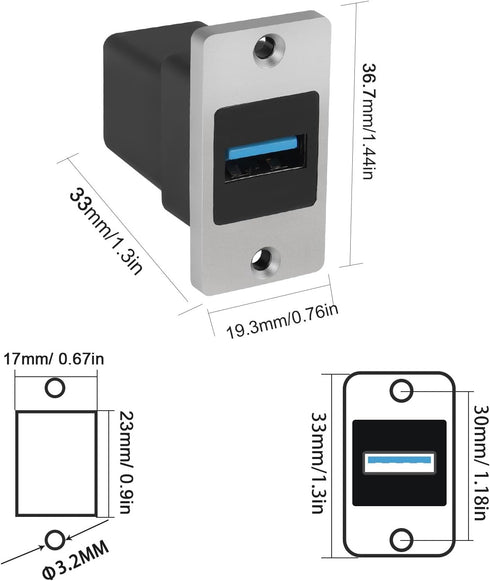 QIANRENON 5Gbps USB3.0 Rectangular Metal Panel Adapter USB3.0 Female to Female Panel Mount Connector USB 3.0 Mounting Socket Data Module 5V/0.5A C...