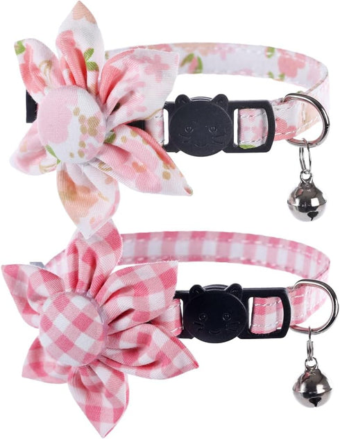 Cat Collar Breakaway with Cute Sunflower and Bell Plaid Flower for Kitty Adjustable Safety...