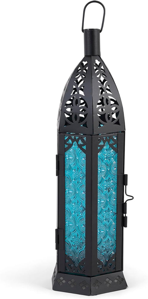 Zingz & Thingz Moroccan Style Candle Lantern Holder, Decorative Light Home Decor, Indoor & Outdoor, 13" Tall, Black with Blue Glass...