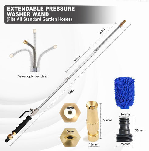 Yiliaw High Pressure Power Washer Wand With 3 Sprayer Nozzle, 38 Inch Garden Hose Nozzle Sprayer Flexible Watering Wand for Gutter Patio Car Pet P...
