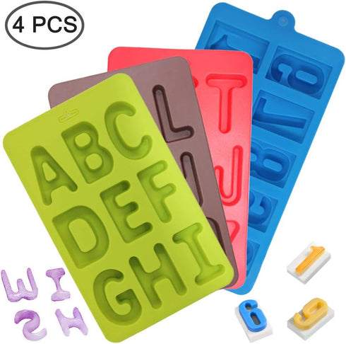 4 Pcs Silicone Numbers Alphabets Trays Molds, FineGood 26 letters & Numbers Candy Mould Biscuit Chocolate DIY Baking Pans Ice Cube Making Trays -g...