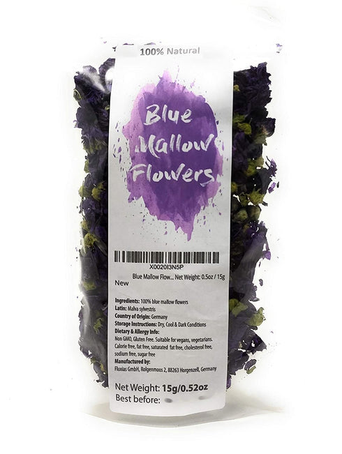 Dried Blue Mallow Flowers - 100% Natual Malva Sylvestris, Net Weight: 0.5oz / 15g - Color-Changing Blue Herbal Tea...